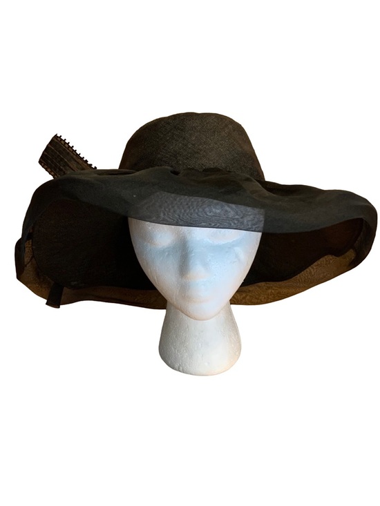 VINTAGE ADOLFO II BLACK WIDE BRIM LINEN HAT WITH STRIPED BOW main image 10